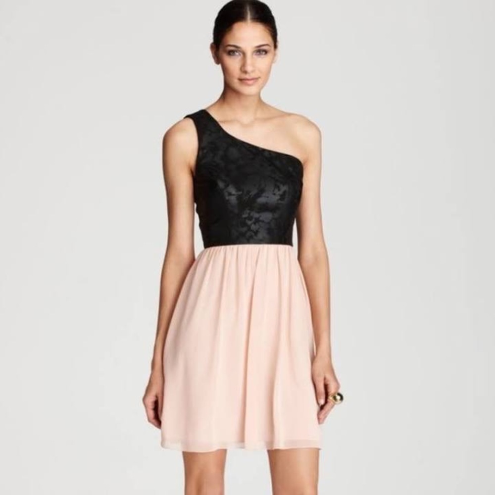 One Shoulder Mini Dress. Fitted Top Flowy Bottom.